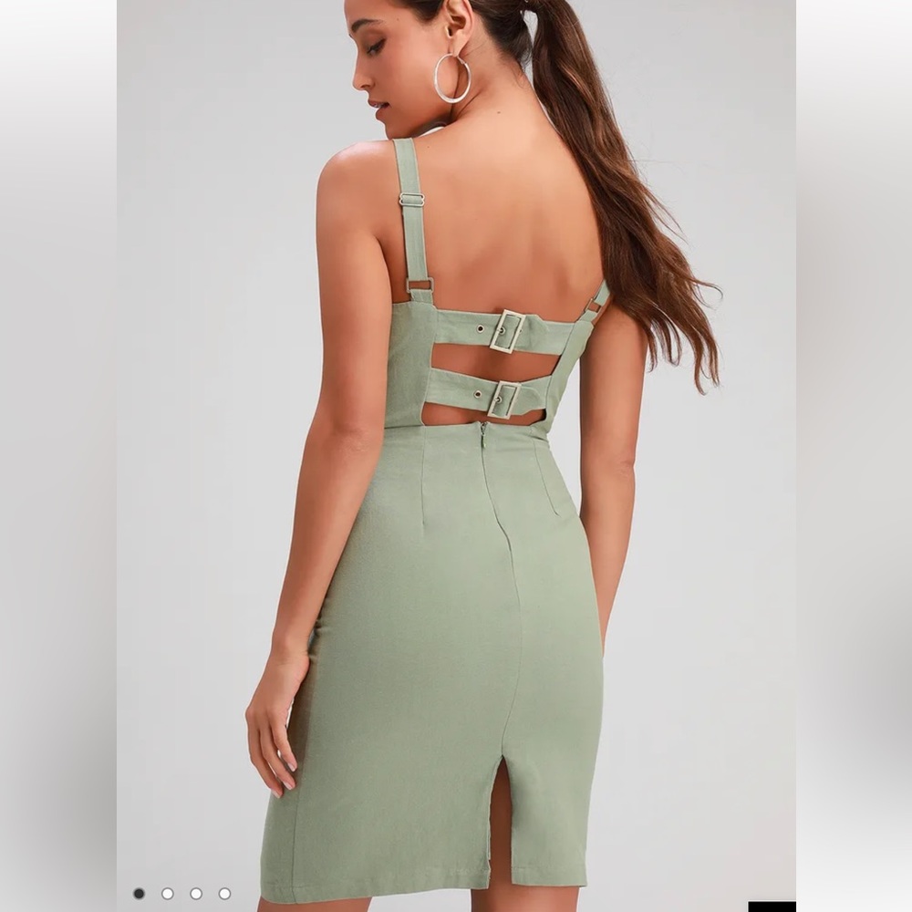 Lulus Joyful Juniper Washed Olive Green Open Back Buckle Dress Size Small